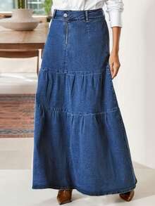 Damska spódnica jeansowa z falbanką, w kształcie litery A - Średni jeans - Zobacz 3