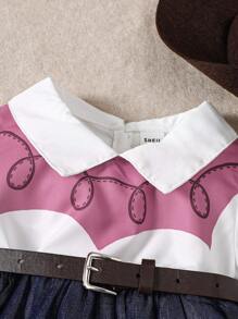 SHEIN 4入組西部風格服裝套裝，包括牛仔短袖T恤、奶牛印花運動裙、牛仔帽和皮帶