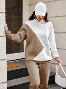 SHEIN Cottnline Women's Color Block Hoodie And Pants Tracksuit Set - Beige - View 6