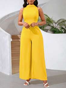 SHEIN Lady Combi-pantalon jaune éclatant pour femmes, tenues de festival avec pantalon à jambes larges - Jaune citron - Voir 4