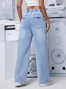 SHEIN PETITE Women's Loose-Fit Casual Wide Leg Denim Jeans With Waist Tie And Distressed Details - Light Wash - View 3