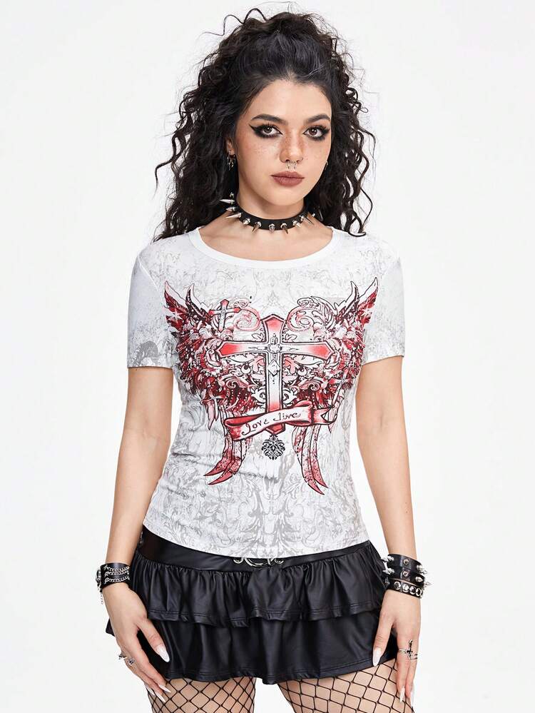 Dark Rock And Roll Punk Wing & Cross Print Slim Fit All-Match Women's T-Shirt