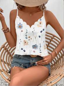 SHEIN Frenchy Women's Summer Floral Printed Casual Tank Top With Scalloped Hem,Bridgerton - Multicolor - View 4