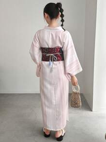 FRIFUL Japanese Style Striped & Printed Yukata With Woven Obi Belt And Tassel Waistband Set, Upgraded Version