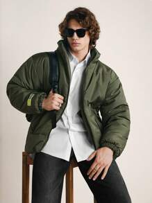 RueChic Men's Classic Style Stand Collar -Padded Jacket With Elastic Hem Drawstring And Ribbed Cuffs - Dark Green - View 4