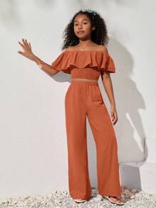 SHEIN Tween Girl Casual Spring/Summer Woven Solid Color Off Shoulder Top And Loose Pants Set