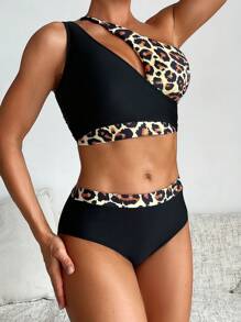 SHEIN Swim 女士不對稱領口豹紋露肩上衣和對比色底部比基尼套裝，適用於夏季沙灘泳池派對 - 彩色 - 查看 6