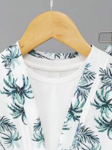 SHEIN 2pcs/Set Young Boys' Casual & Comfy & Fashionable & Versatile & Soft & Breathable Coconut Tree Printed Short Sleeve Shirt And Shorts Set, Great For Vacation In Spring/Summer - White - View 3