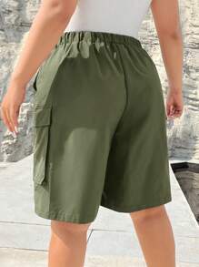 SHEIN EZwear Cộng với quần short có túi nắp bên hông, quần short chở hàng mùa hè - xanh quân đội - Xem 2