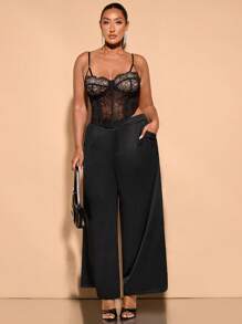 SHEIN BAE Plus Size Women's Elegant Solid Color Split Hem Dress Pants - Black - View 3