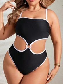 SHEIN Swim Curve Plus Size Women's Hollow Out Waist One-Piece Swimsuit With Fringe Trim, Perfect For Vacation,Summer Beach - Black - View 4