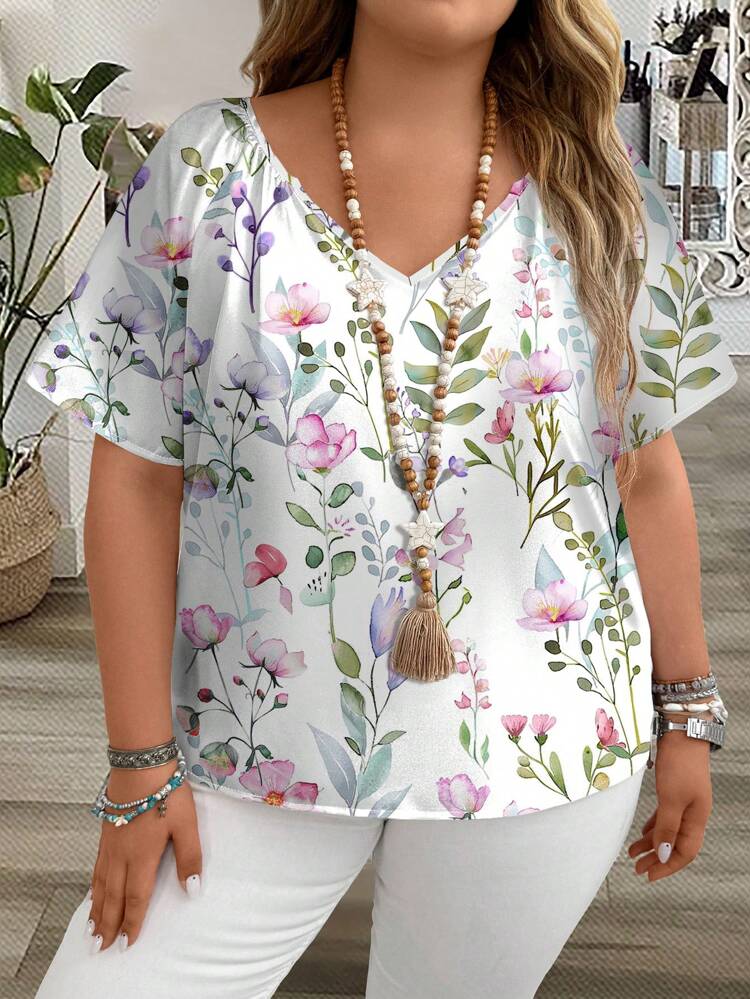 Plus Size Women's Casual Leopard Sequin Pattern V-Neck Loose Short Sleeve Blouse, Summer Suitable For Going Out Chic Blouses For Women,Spring