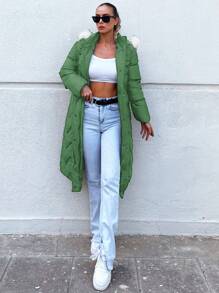 EURMUSE Solid Zip Up Fuzzy Trim Hooded Padded Coat - Green - View 5