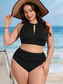Swim Lushoire Ensemble bikini grande taille à encolure ras-du-cou couleur unie pour femme avec bas séparés pour plage d'été