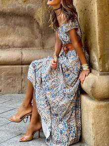 Astylish Blue Boho Paisley Print Off Shoulder Dress - Multicolor - View 6