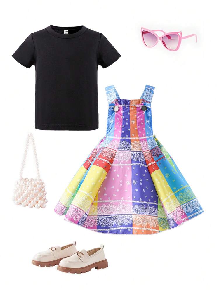 2pcs Toddler Girls' Street Style Fashionable Colorful Paisley Pattern Printed Overall Skirt Set, Spring/Summer