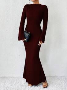 RosyDaze 女士纯色立领喇叭袖美人鱼下摆优雅长裙超长女装 - 紫紅色 - 查看 3