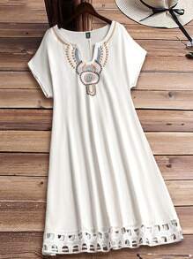 EMERY ROSE White Embroidered Plus Size Dress For Summer,Beach Dress Sundress,Holiday Outfits Boho