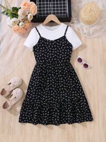 Emery Rose Kids Emery Rose Kids 青少女休閒針織短袖上衣和花朵背心裙套裝，適用於外出、春夏季 - 黑與白 - 查看 2