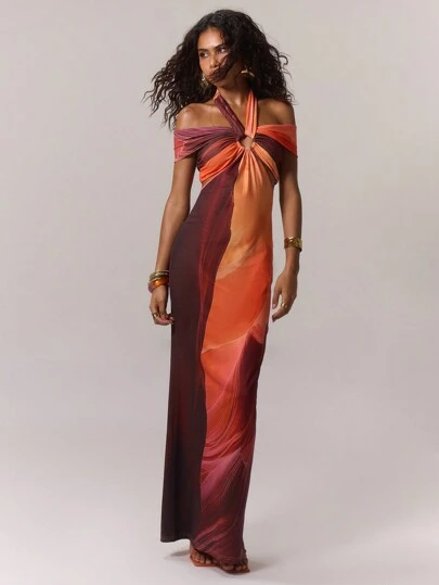 MUSERA Printed Twist Front Halterneck Maxi Dress Ibiza Fits Boho Spring Vacation Summer Festival Long Dress