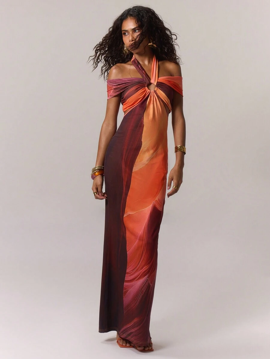 MUSERA Printed Twist Front Halterneck Maxi Dress Ibiza Fits Boho Spring Vacation Summer Festival Long Dress - Multicolor - View 1