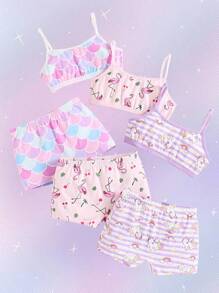 Young Girl Cute Unicorn & Flamingo Pattern Underwear Set, 3 Pieces,Summer,Travel