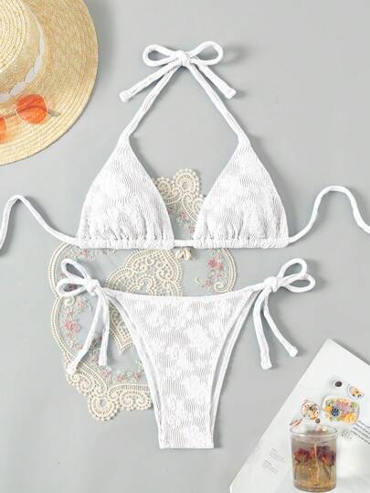 SHEIN Swim Women's Summer Beach Floral Dark Stripe Halter Neck Tie Sexy Bikini Set