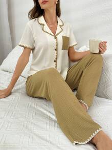 Colorblock Pocketed Open Front Piping Trimmed Collar Women's Pajama Set