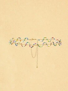 SHEIN VCAY 1 件女士可爱基本款编织草编腰带，带仿木扣，几何条纹编织，波西米亚风格，适合海滩、野餐和度假 - 彩色 - 查看 6