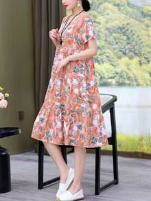 New Casual Printed Loose Mid-Length Dress For Women - Baby Pink - View 3