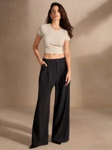 Anewsta Áo len dệt kim tay ngắn, cạp cao, dài ngắn, cổ tròn, không đường may, ôm vừa vặn, vải jacquard, áo tay raglan thời trang - Màu be - Xem 6