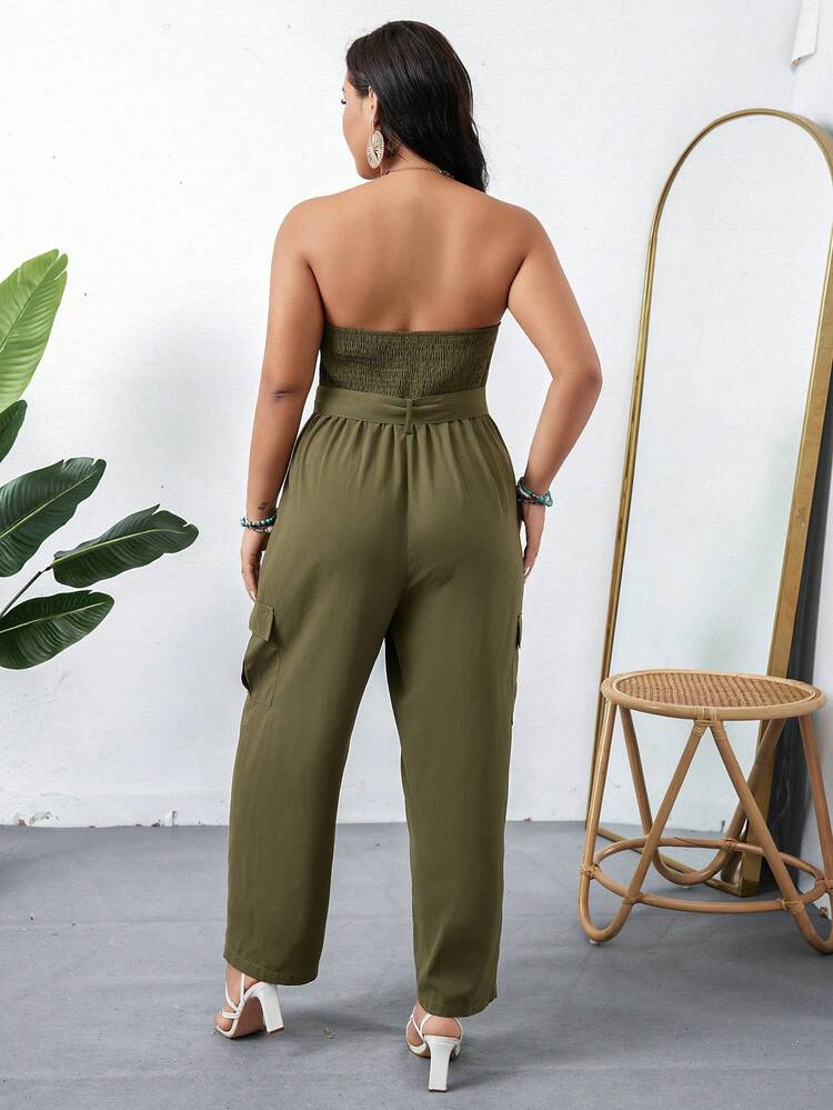Plus Size Women's Solid Color Strapless Jumpsuit For Summer