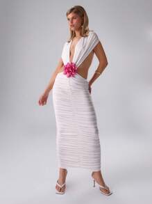 MUSERA Vestido largo floral fruncido y escurridizo, vestido largo elegante de verano sexy y lindo para graduación y baile de promoción - Blanco - Ver 1