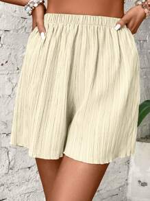 SHEIN VCAY Quần short màu trơn kết cấu giản dị mùa hè - Màu be - Xem 3