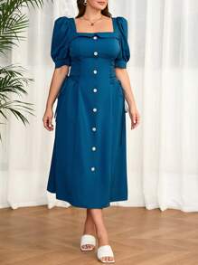 Mulvari Vestido de fiesta de talla grande con mangas abullonadas, escote cuadrado, botón de una sola  y correas para ajustar - Azul - Ver 1