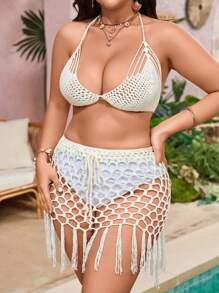 SHEIN Swim Curve 大尺碼純色鉤針背心和流蘇邊裙子裝，夏季優雅性感比基尼泳衣套裝，夏季沙灘必備 - 白色 - 查看 4