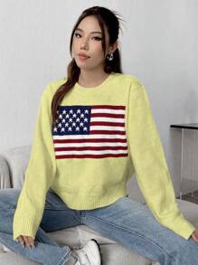 Flirla Women's Spring Autumn Casual Long Sleeve American Flag Pattern Sweater, Knit Pullover Fall Winter - Yellow - View 4