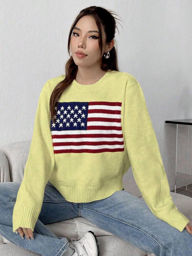 Women's Spring Autumn Casual Long Sleeve American Flag Pattern Sweater, Knit Pullover Fall Winter