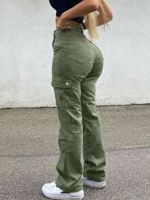 Women's Casual Cargo Pants With Pockets - Army Green - View 1