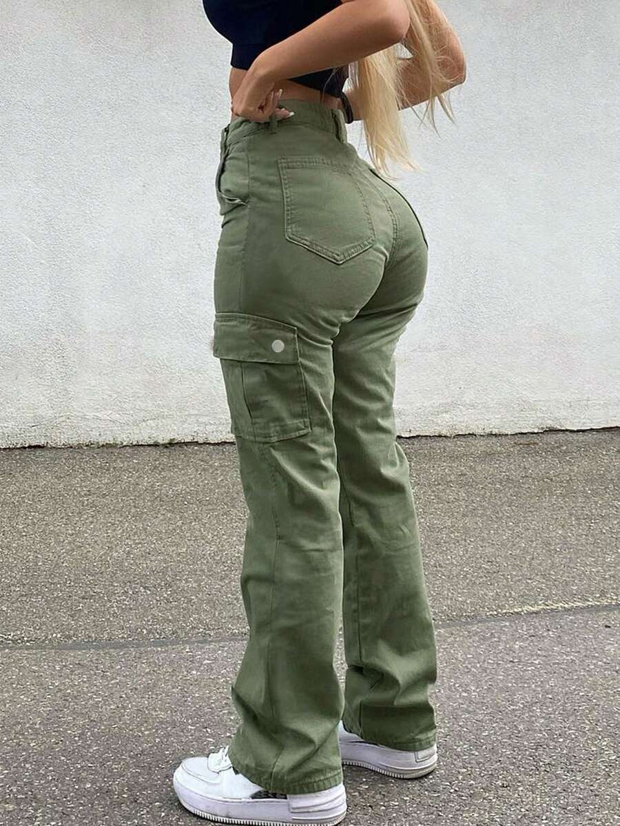 Women's Casual Cargo Pants With Pockets - Army Green - View 1