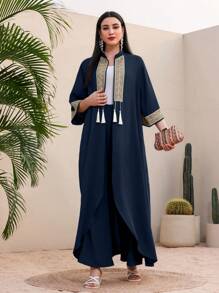 Al Najma Women's Contrast Color Fringe Decoration Jacket And Pants Two-Piece Set - Navy Blue - View 1