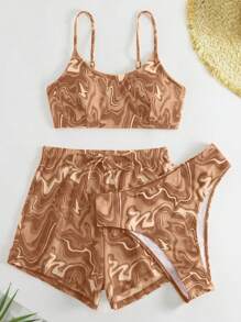 SHEIN Swim 女士大理石印花休闲比基尼套装，适合夏季海滩，配有随机印花罩衫短裤 - 咖啡棕 - 查看 4