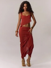 MUSERA Áo croptop dệt lệch vạt, thích hợp cho kỳ nghỉ xuân hè, phong cách Ibiza, thanh lịch. - Rỉ Nâu - Xem 5