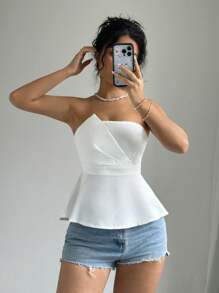 Selianne Women Solid Color Ruffle Hem Sleeveless Tube Top For Summer - White - View 5