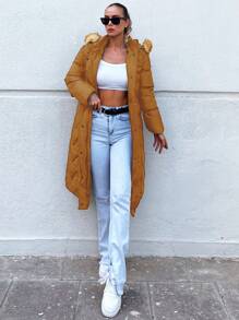 EURMUSE Solid Zip Up Fuzzy Trim Hooded Puffer Coat - Khaki - View 5