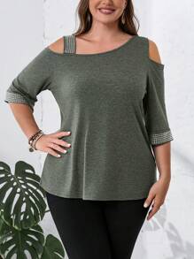 EMERY ROSE Plus Size Women's Summer Asymmetrical Neckline Half Sleeve Casual T-Shirt With Rhinestone Decoration - Dark Green - View 6