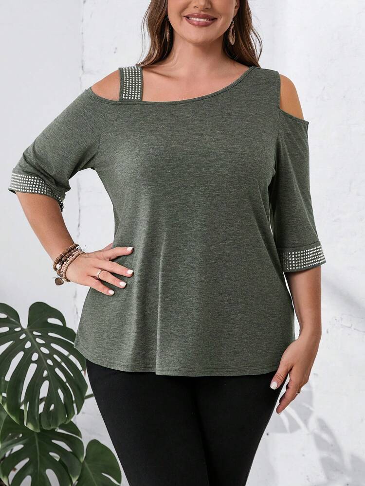 Plus Size Women's Summer Asymmetrical Neckline Half Sleeve Casual T-Shirt With Rhinestone Decoration