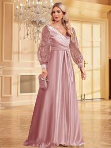 XUIBOL Váy dạ hội trang trọng cổ chữ V tay dài bằng vải satin chắp vá đính hạt cho nữ (được tô điểm nhiều) Váy dự tiệc cưới thanh lịch cho khách dự tiệc tối, tốt nghiệp, tiệc tối - Hồng - Xem 3