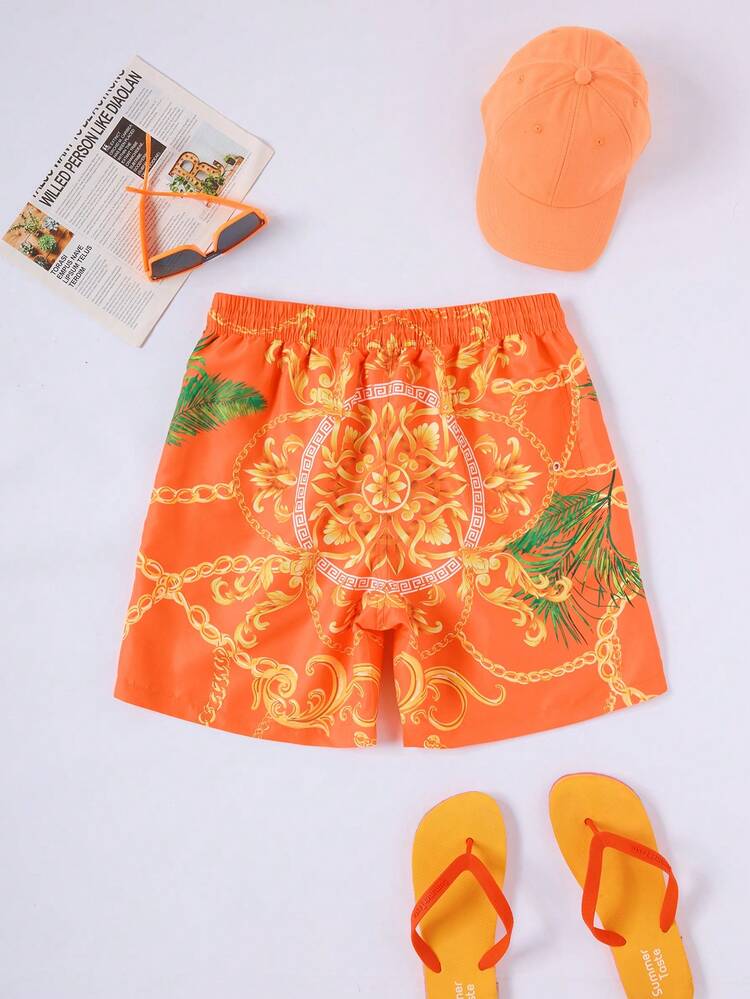 Men's Drawstring Waist Loose Fit Tropical Plant Printed Beach Shorts With Chain Decoration