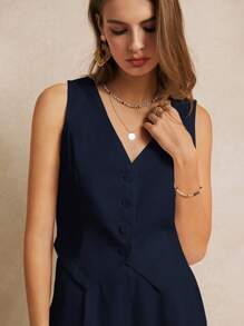 Poéselle 夏季度假婚礼季，休闲波西米亚风纯色简约垂坠V领无袖西装外套，饰有装饰纽扣细节，优雅浪漫，可爱上衣，短款女士，必备夏季服装，婚礼季必备，秋冬田园风 - 藏蓝色 - 查看 2